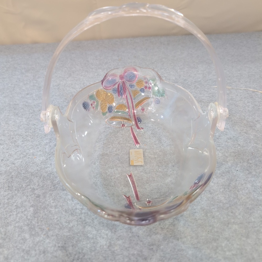Mikasa Celebrations Holiday Bells Colored Glass Oval Basket Christmas Handle - Picture 1 of 10